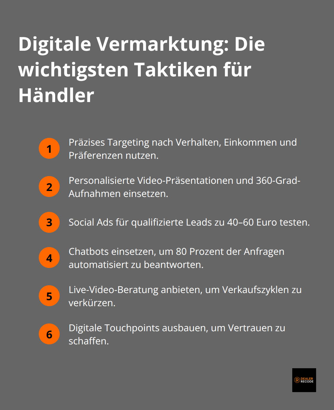Kompakte Liste zentraler digitaler Vermarktungstaktiken für Gebrauchtwagenhändler in Deutschland