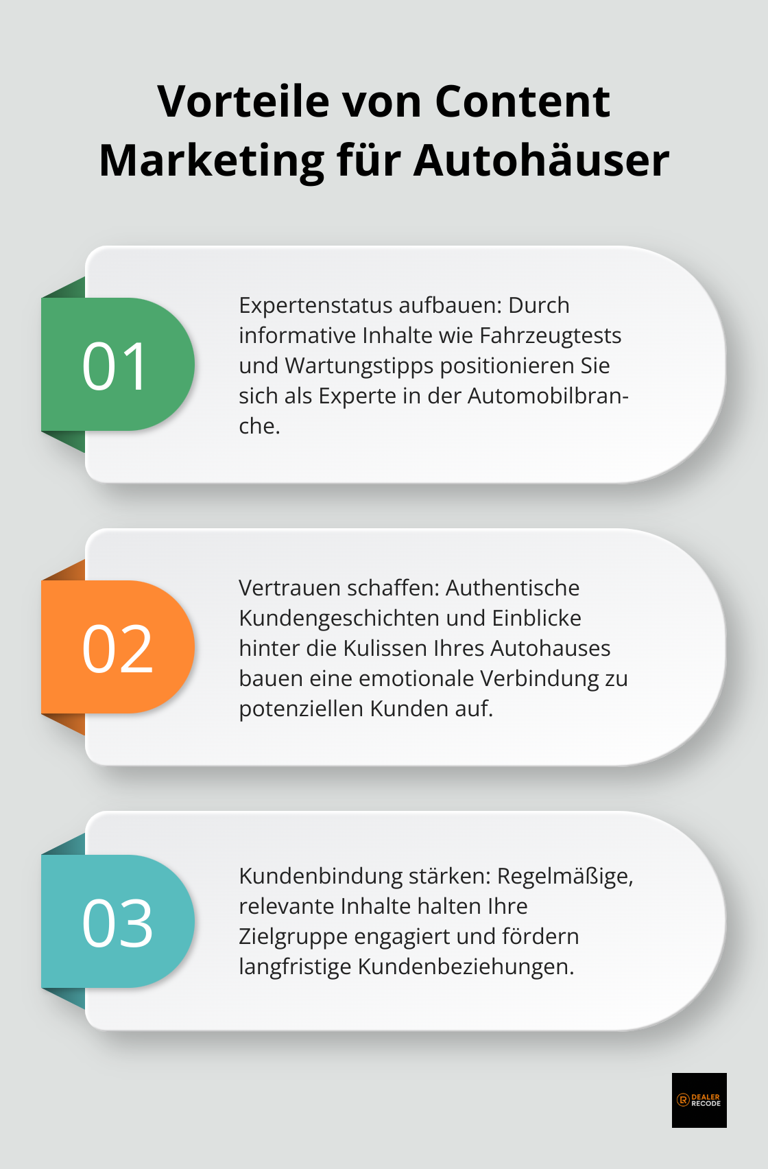 Drei Hauptvorteile von Content Marketing für Autohäuser: Expertenstatus aufbauen, Vertrauen schaffen und Kundenbindung stärken. - Online Marketing Autohaus